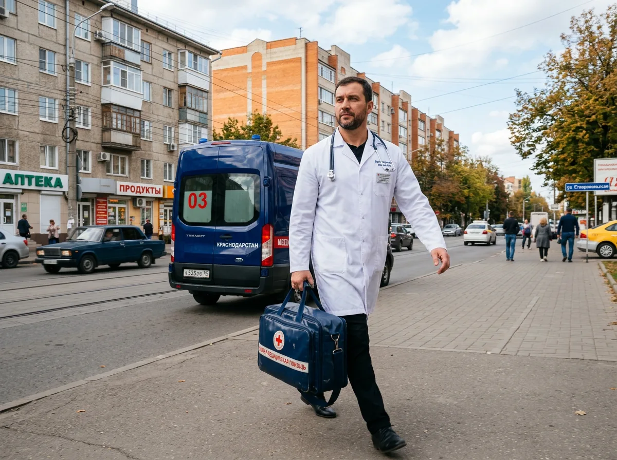 Врач-нарколог в белом халате выезжает на вызов, несёт медицинский чемоданчик, уверенный вид, тёмно-синий медицинский фон, Краснодар