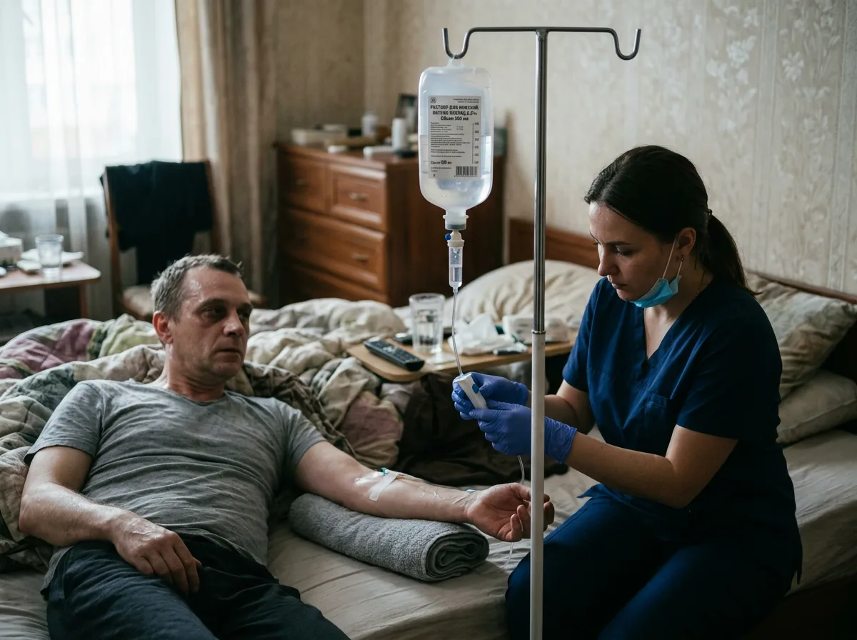 Постановка капельницы пациенту при алкогольном отравлении, медицинская капельница с прозрачным раствором, домашняя обстановка