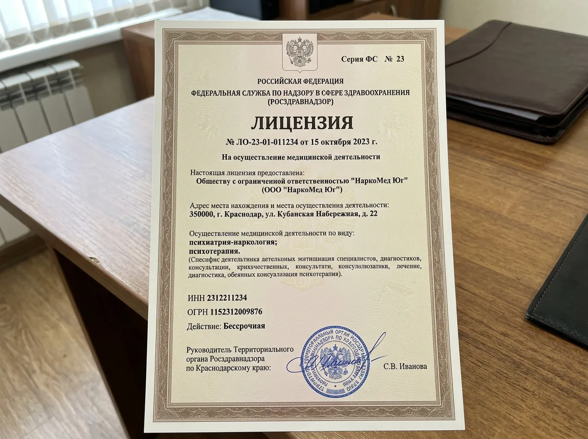 Медицинская лицензия ООО НаркоМед Юг, выданная Росздравнадзором на осуществление наркологической деятельности, официальный документ