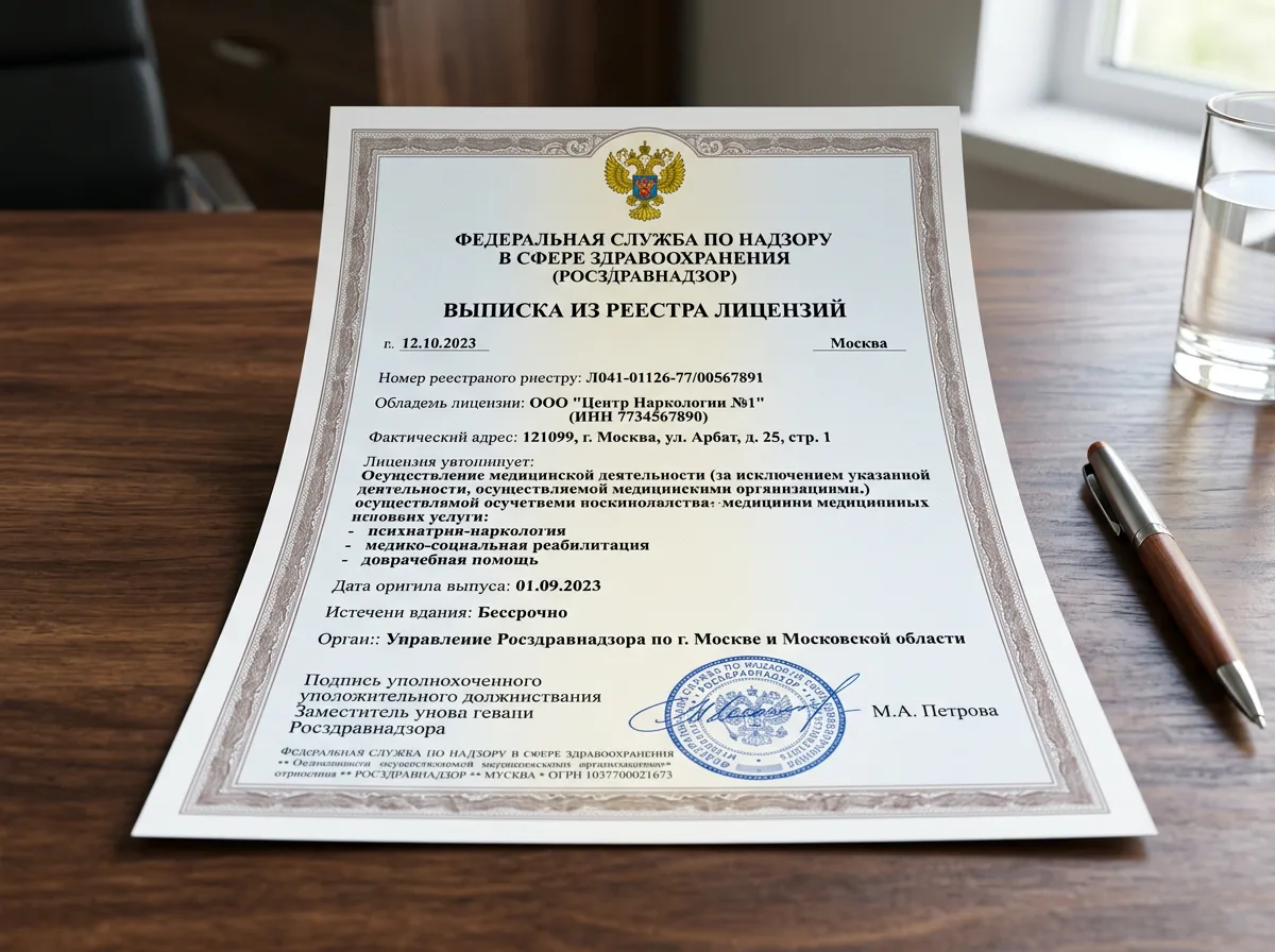 Выписка из реестра лицензий Росздравнадзора для наркологической клиники, официальный бланк с печатью