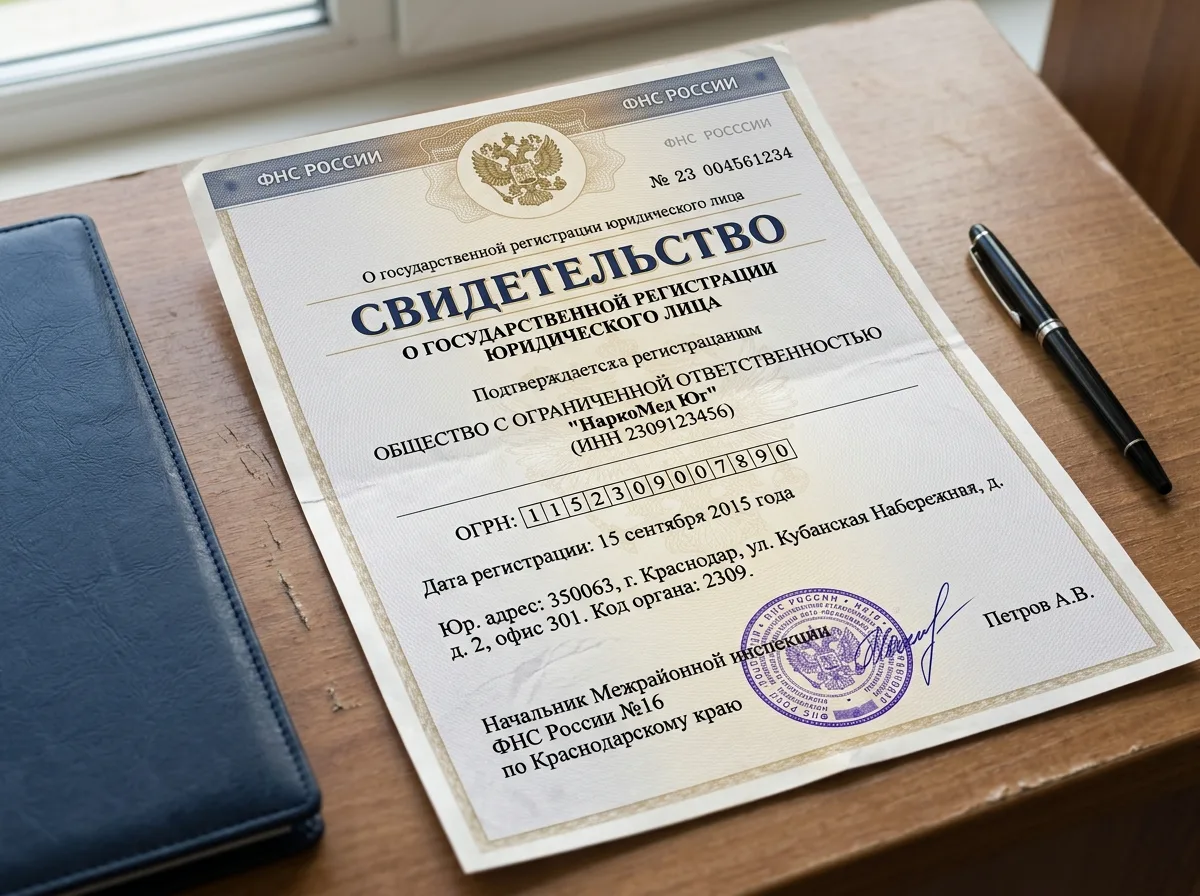 Свидетельство о государственной регистрации юридического лица ООО НаркоМед Юг, ОГРН, официальный документ ФНС